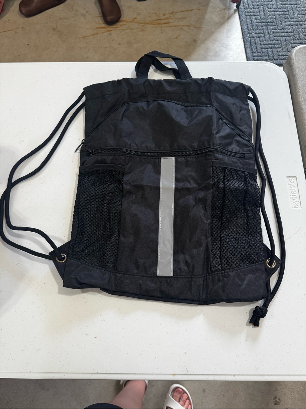 Black Drawstring Gym Backpack with Reflective Stripe